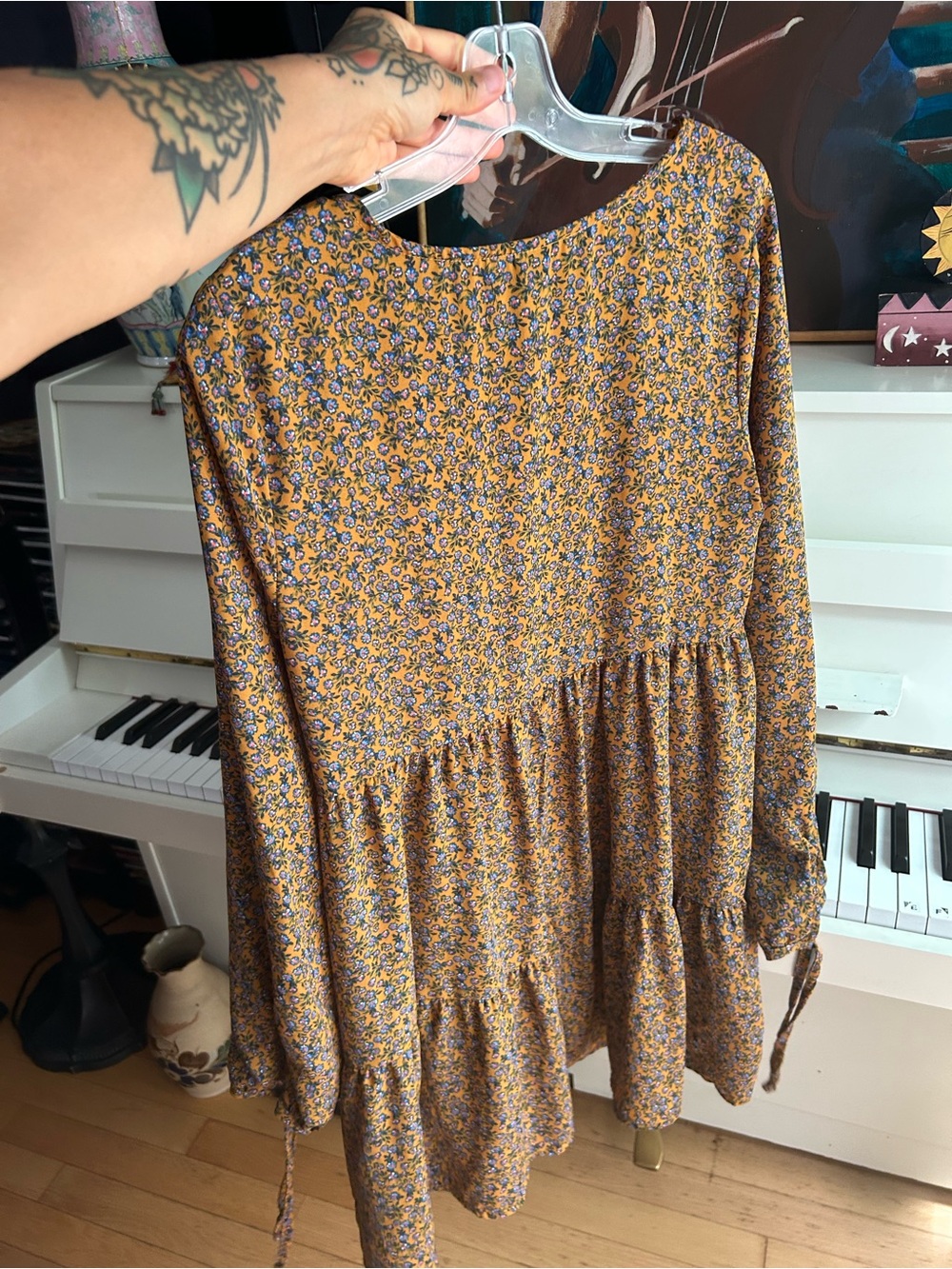 Wild Fable Mustard Floral Tiered Midi Dress Women’s Medium Boho Cottagecore - Picture 8 of 16